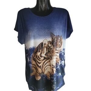 Blue Tiger Print Short Sleeve Top with Rhinestone Detailing